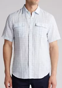 Bugatchi Uomo Men's White Blue Plaid 100% Linen Button-Front Shirt Size L - Picture 1 of 7