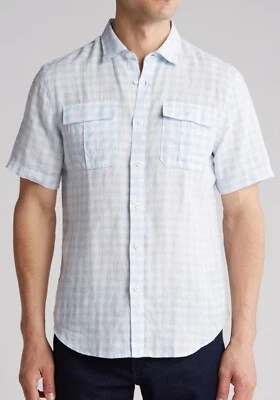 Bugatchi Uomo Men's White Blue Plaid 100% Linen Button-Front Shirt Size L - Image 1 of 4