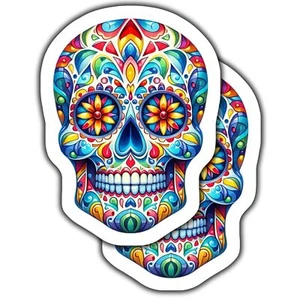 COLORFUL SUGAR SKULL STICKERS 2 PACK, DAY OF THE DEAD VINYL DECALS, MEXICAN FOLK - Picture 1 of 1