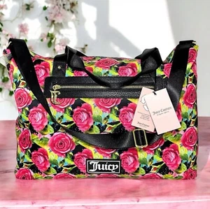 Juicy Couture Black Multi Rose Print Overnight Weekender Duffle Travel Bag NWT - Picture 1 of 11