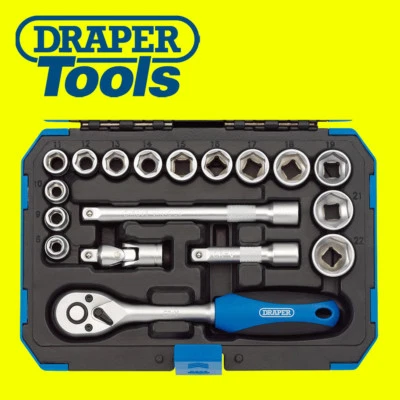 DRAPER 18 Piece Metric 3/8" Sq Dr Hex Socket + Ratchet & Extension Bar Set 16359 - Image 1 of 4