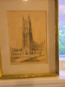 FRAMED VINTAGE CHARLES H OVERLY SKETCH PRINT DUKE University CHAPEL DURHAM, NC - Picture 1 of 13