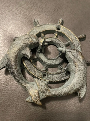 Cast Iron Antique Style Nautical SHIPSWHEEL DOLPHIN Door Knocker Green Finish Cover