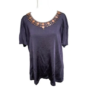 Camicetta Jones New York Top Blu Scollo Perline Tg XL Preppy Elegante Ufficio Lavoro - Foto 1 di 7