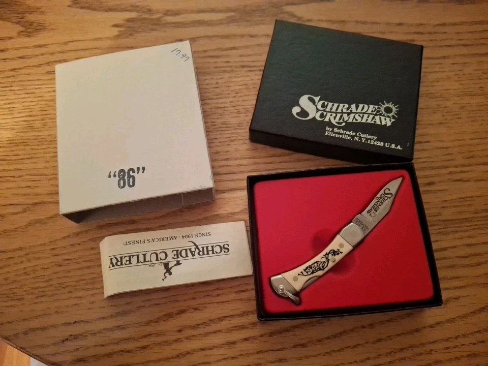 Cuchillo Scrimshaw Schrade 511SC de Colección 1986 Zarigüeya Caja Original Nuevo de Lote Antiguo Foto 1 de 3