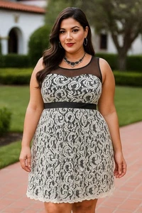 Torrid schwarz/elfenbein Spitze Blumen Overlay Cocktail formelles Kleid mit Taille zum Binden, 18 - Bild 1 von 8