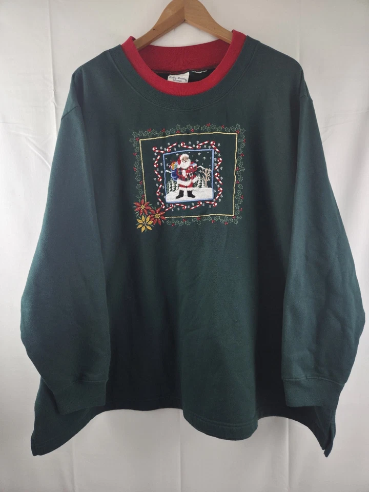 Bobbie Brooks Woman Green Red Embroidered Santa Claus Sweatshirt Pullover Sz 3XL - Image 1 of 4