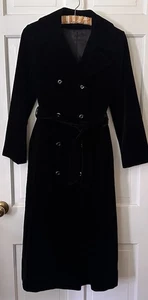 Vintage schwarzer Samt langer zweireihiger Trenchcoat mit Gürtel Goth Glam viktorianisch S - Bild 1 von 7