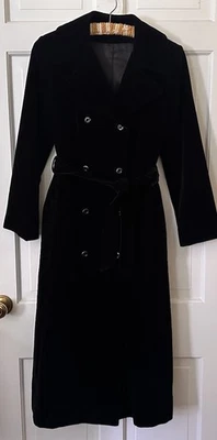 Vtg Black Velvet Long Double Breasted Trench Coat Belted Goth Glam Victorian S - Image 1 of 4