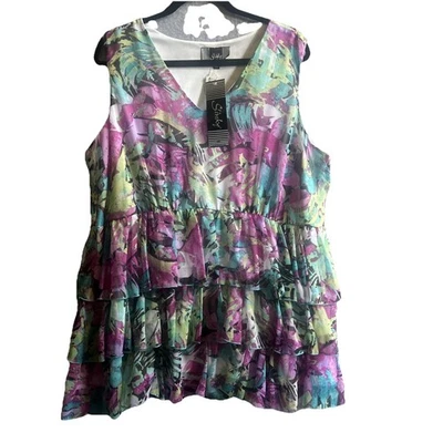 Top en capas con volantes SLINKY BRAND NUEVO CON ETIQUETAS rosa/multicolor acuarela floral/arte Foto 1 de 4