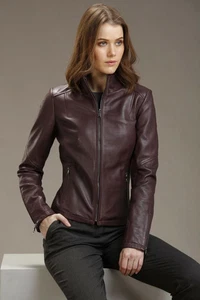 Women's Burgundy Leather Jacket Biker Moto Pure Lambskin Leather Coat - Picture 1 of 6