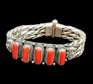 Handgefertigte tibetische Sterlingsilberkette Nepal Armband echte Korallensteine Nepalesisch - Bild 1 von 4