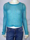 NY Collection Blue Green Teal Open Knit Crop Sweater Top Womens Large 12 14 NEW