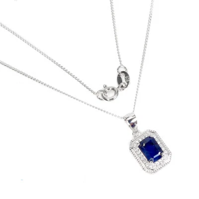 925 Sterling Silver Necklace Octagon Blue Sapphire 7x5mm Gemstone Jewelry - Image 1 of 4