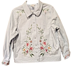 Light Blue Embroidered Snap Up Denim Floral Butterflys Jacket Sz L - Picture 1 of 12