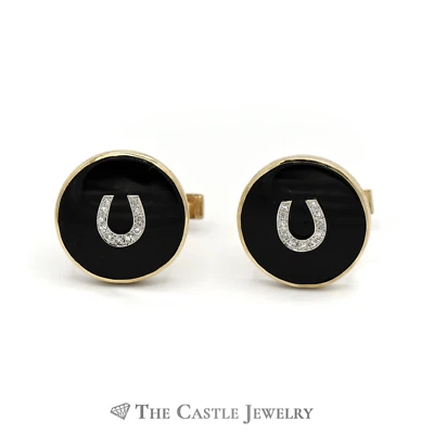 Round Black Onyx Diamond Horseshoe Cuff links - Image 1 of 3