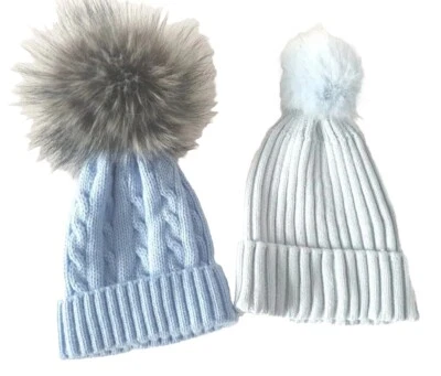 Baby Boys Blue Pom Pom Knit Style Hat Bundle X2 Age 0/12  Months — 第 1/4 张图片