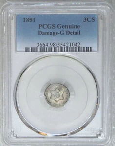 1851 Three 3 Cent Silver PCGS G Detail Damage Just Graded New Holder #SB79 - Picture 1 of 4