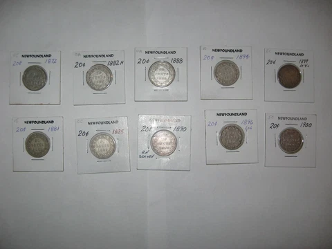 " Lot of 10 " Canada Newfoundland NFLD Twenty 20 Cent Silver Coins Various Years Cover