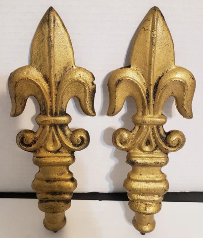 Vintage Pair of Fleur de Lis Heavy Cast Iron Gatepost Finials 10" Tall  Ornate Cover