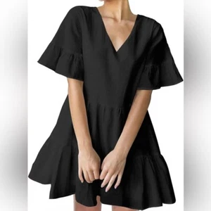 NEW Black Pockets Bell Sleeve Ruffle Swing Mini Dress M 8/10 - Picture 1 of 6