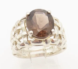 925 Sterling Silver Vintage Ring Checks Woven Effect Smokey Quartz Sz 6 RG27905 - Picture 1 of 8