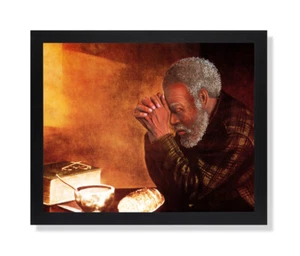 Daily Bread Black Man Praying Dinner Table Wall Picture Black Framed Art Print - Picture 1 of 4