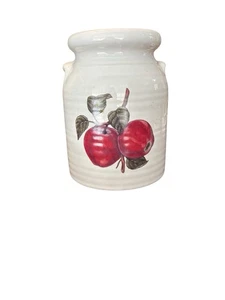 Vintage Utensil Crock Pottery White Fruit Farmhouse Apples Canister - Picture 1 of 3