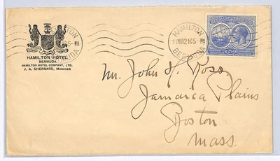 BERMUDA KGV Cover *Hamilton Hotel* ADVERT Crest 1921 USA Boston {samwells}WX103 - Image 1 of 4