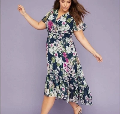 Lane Bryant Blue Pink Floral Ruffle Chiffon High Low Tiered Dress Size 14/16 - Image 1 of 4