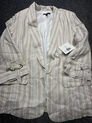 Ellen Tracy Blazer Womens Medium Linen Stripe Casual Lightweight Tie Sleeve Jack - Image 1 of 4