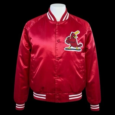 Chaqueta de béisbol MLB roja satinada de los Cardenales de San Luis de la década de 1980 vintage para hombre talla LG Foto 1 de 4