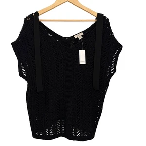 Loft Black Crochet Knit Oversized Sweater with Ribbon Neck Tie Size XL NWT - Picture 1 of 8