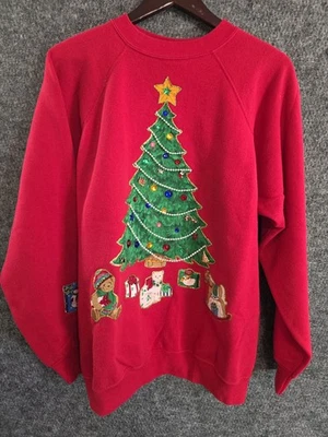 Винтажный Hanes Sport ручной работы Рождественская толстовка XL красная елка подарки строка 90-х - Изображение 1 из 4
