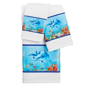 Collections Etc 3-Piece Dolphins and Tropical Fish Bath Towel Set Blue - Picture 1 of 2