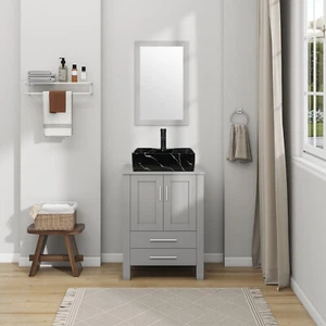 24\" Bathroom Vanity with Hand-painted Black Ceramic Sink set - Picture 1 of 14