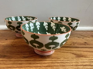 Set Of 3 Anthropologie Footed Rice Bowls Green & Orange Design - Picture 1 of 4