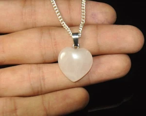 Natural Rose Quartz Heart Pendant Necklace with Silver Chain - Picture 1 of 3