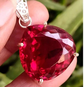 925 Solid Silver Pendant 25+CT Lab Grown Pigeons Blood Ruby Gemstone - Picture 1 of 7