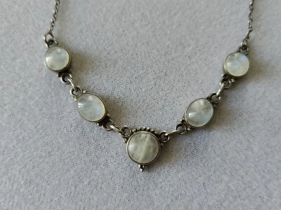 Collana 5 Cabochon Da Pietra di Luna Incastonato Argento 920/48 CM - Immagine 1 di 4