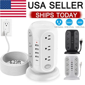Tower Surge Protector Power Strip w/ 12 Outlets 5 USB Ports 6.2ft Extension Cord - Picture 1 of 40