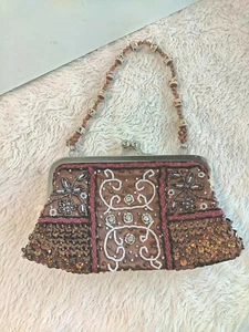 Beaded Evening Bag Copper gold metal accent Rhinestones beaded strap Small - Picture 1 of 3