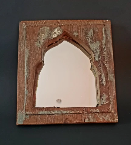 Vintage Distressed Indian Wooden Wall Mirror 8"× 7". Next Day Shipping Cover