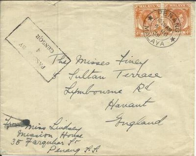 Malaya STRAITS SETTLEMENTS-SG#296(x2) PENANG 4/NO/39-WWII PASSED BY/4/CENSOR - Image 1 of 3