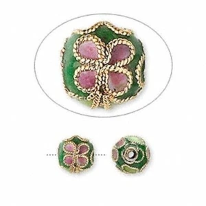 10 Gold Plated Green Cloisonné Round Flower 8mm Beads  * - Picture 1 of 1
