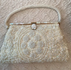VTG 1950s Hand Beaded White Evening Bag Purse Gold Frame Tag -made In Hong Kong - Picture 1 of 8