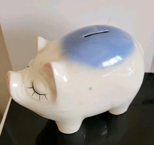 Vintage Sparschwein amerikanisches Biskuit Keramik Schwein Mid Century ~ groß blau - Bild 1 von 8