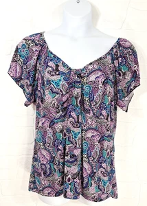 Smooch Smooch 1X Purple teal and black paisley print short sleeve blouse - Picture 1 of 8