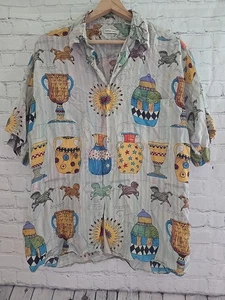 Burma Bibas Shirt Mens Sz Lg  Silk Hawaiian Button Up Short Sleeve Greek Motifs - Picture 1 of 9