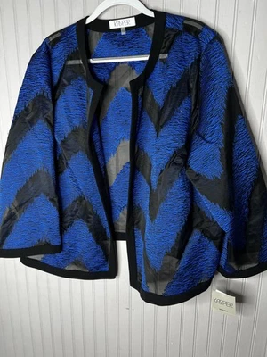 Chaqueta Kasper para mujer 22W negra azul organza transparente frente abierto Chevron Topper Foto 1 de 4